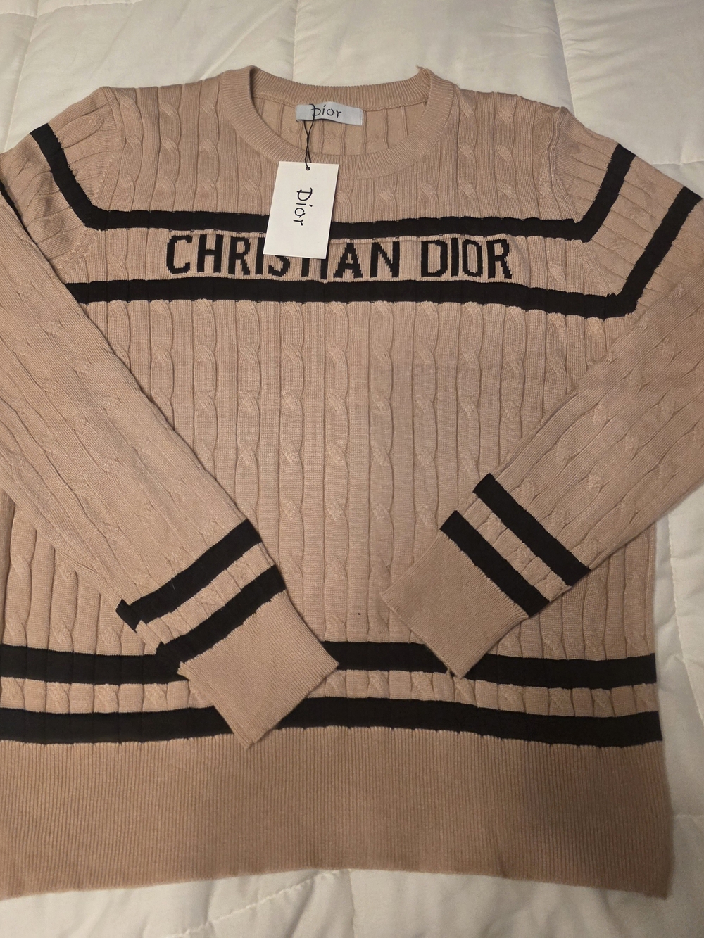 Dior Men’s Cable Knit Sweater in Light Beige with Black Trim